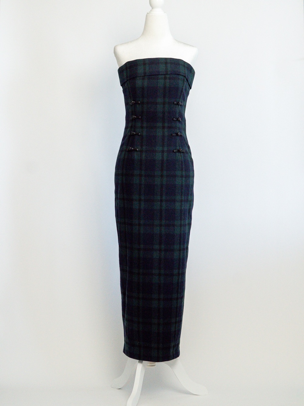 Strapless Tartan Wool Midi Plaid Dress - Green/Navy
